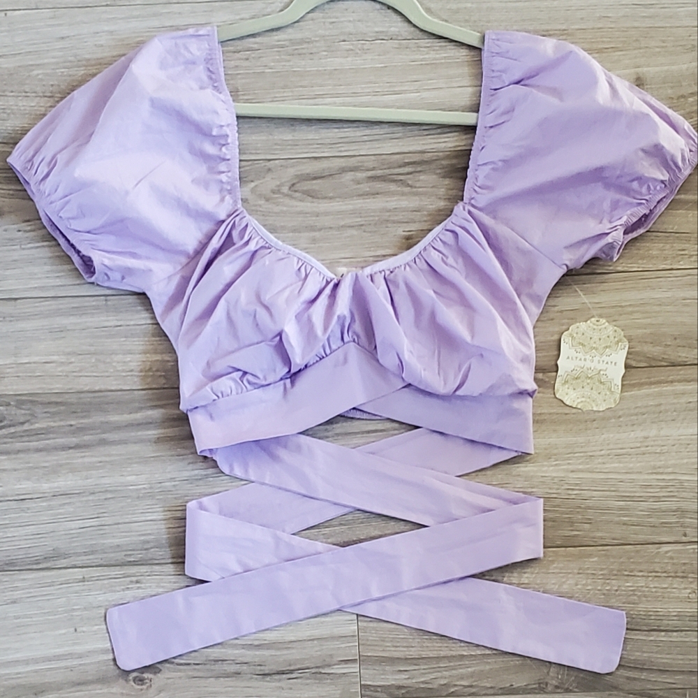 Alter'd State Puff Sleeve Poplin Cropped Top, Wrap Tie, Lavender, Large, NWT